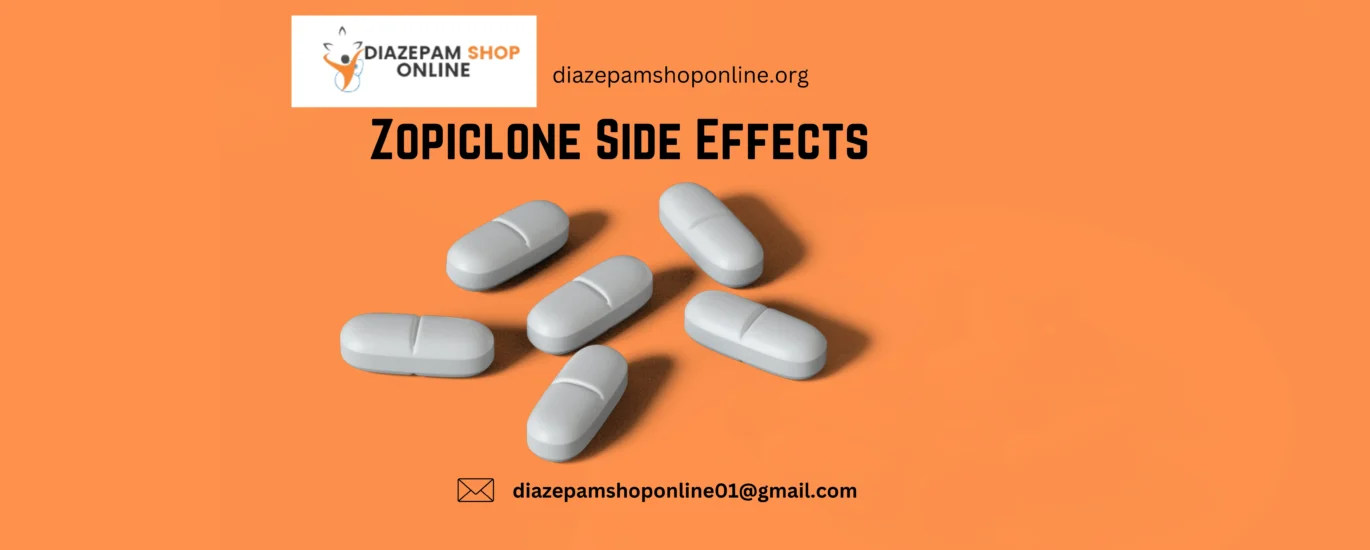 Zopiclone pills and text displaying 'Zopiclone Side Effects' against a simple background.