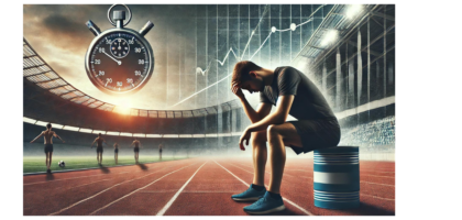 An athlete sitting on the track in a stadium, holding his head in frustration with a stopwatch and graph in the background.