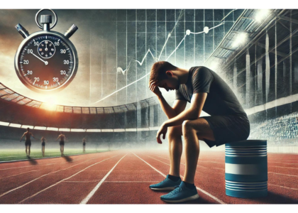 An athlete sitting on the track in a stadium, holding his head in frustration with a stopwatch and graph in the background.